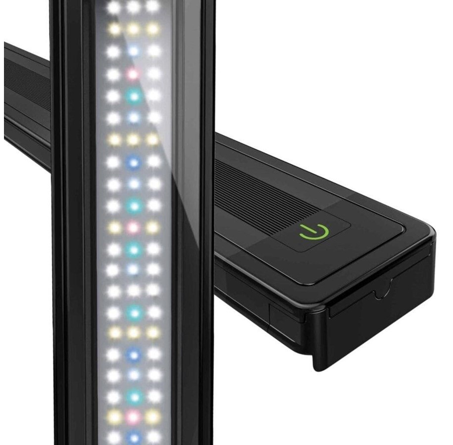 Sort Fluval Plant LED-skinne set tæt på med rækker af hvide, blå, røde og grønne dioder