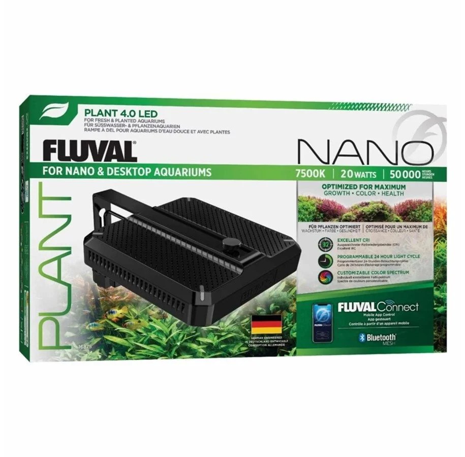 Æske med Fluval Plant 4.0 Nano, en lille sort firkantet LED-lampe vist på forsiden