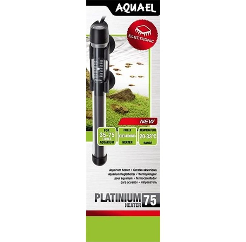 Æske med Aquael Platinium 75 varmelegeme i glas foran et beplantet akvarie
