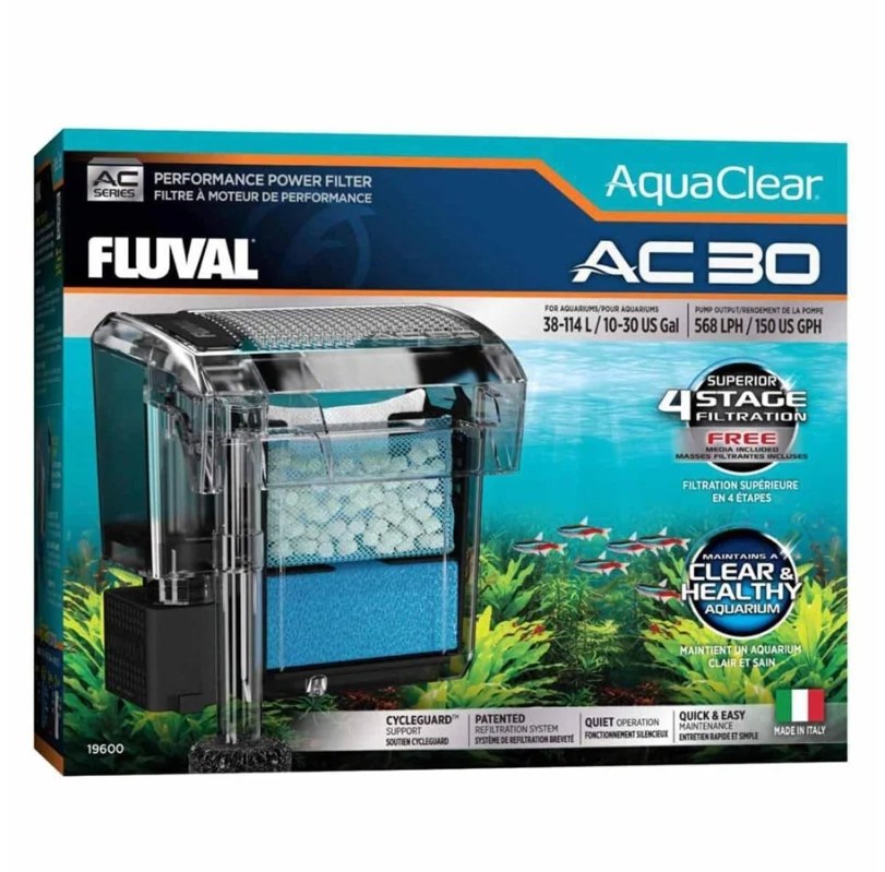 Æske med Fluval AquaClear AC 30 hængefilter med blå svamp og hvide keramikringe