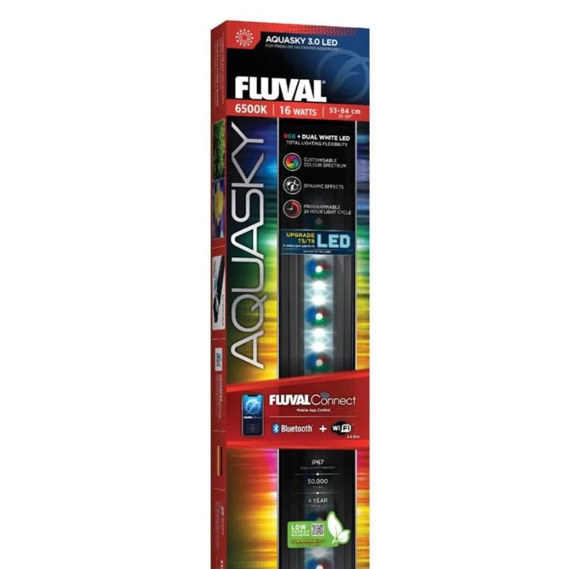Høj rød æske med Fluval Aquasky 3.0 LED-lysbjælke på 16 watt