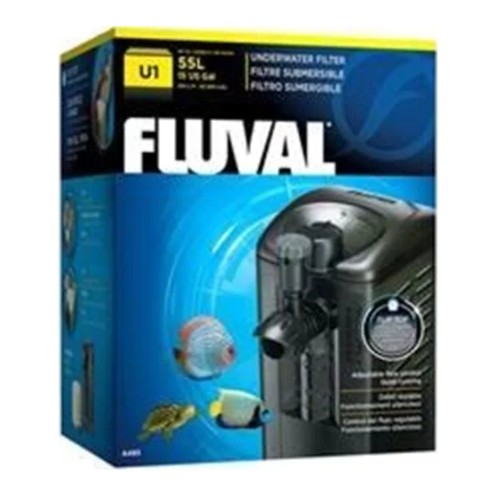 Æske med Fluval U1 indvendigt filter, sort filter på blå baggrund med fisk