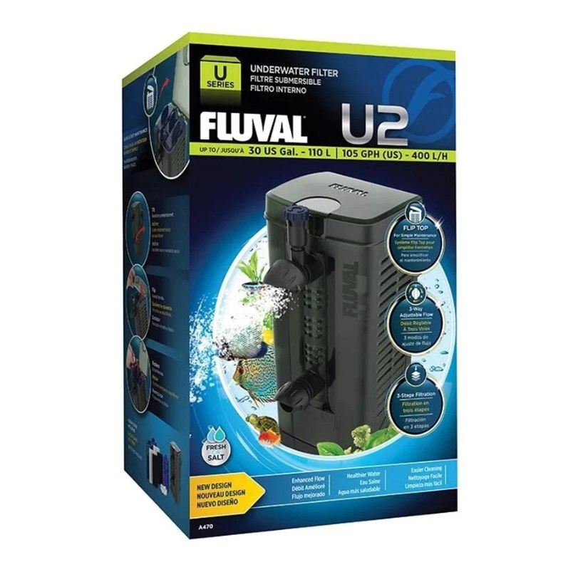 Æske med Fluval U2 indvendigt filter, sort filter foran bobler og fisk