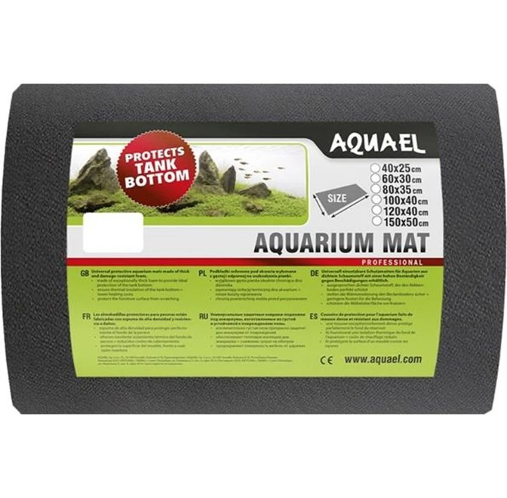 Sort skummåtte fra Aquael med grøn etiket, hvor der står Aquarium Mat