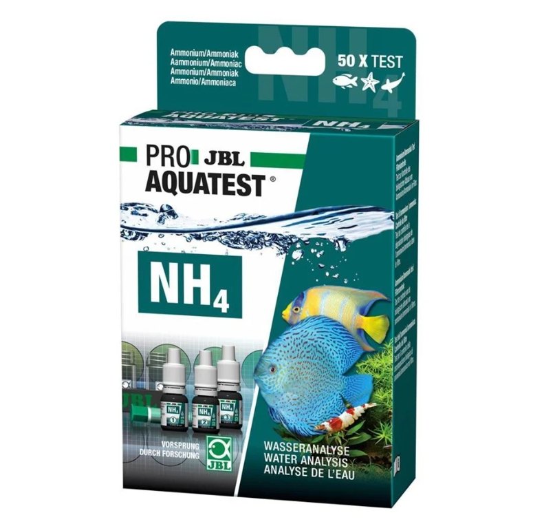 Grøn æske JBL ProAquaTest NH4 med tre små dråbeflasker og to fisk på forsiden
