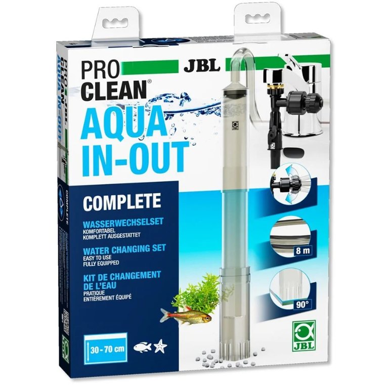 Æske med JBL ProClean Aqua In-Out: bundsuger, slange og pumpe til vandhanen